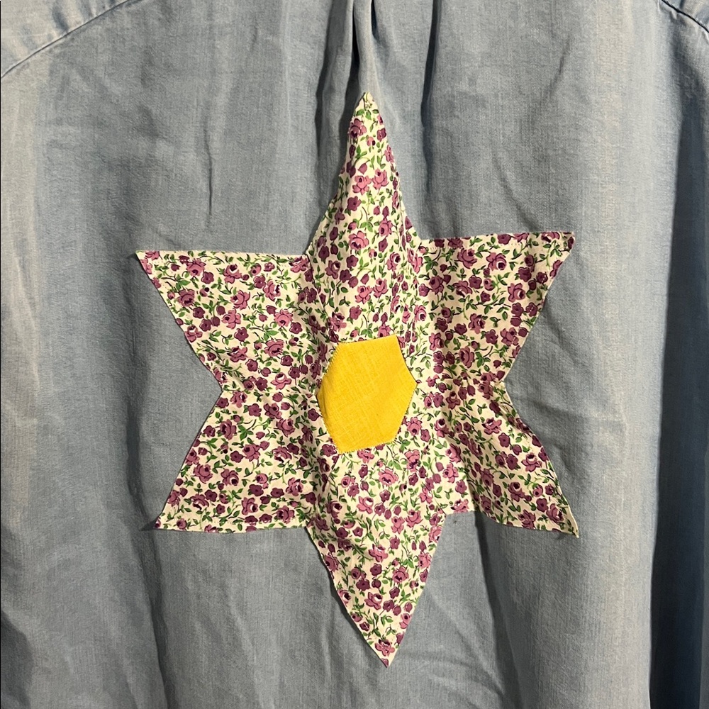 Handmade upcycled denim button down large shirt with scrap design - Picture 2 of 3